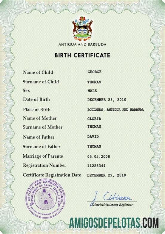 Em branco modelo PSD de certidão de nascimento de Antígua e Barbuda